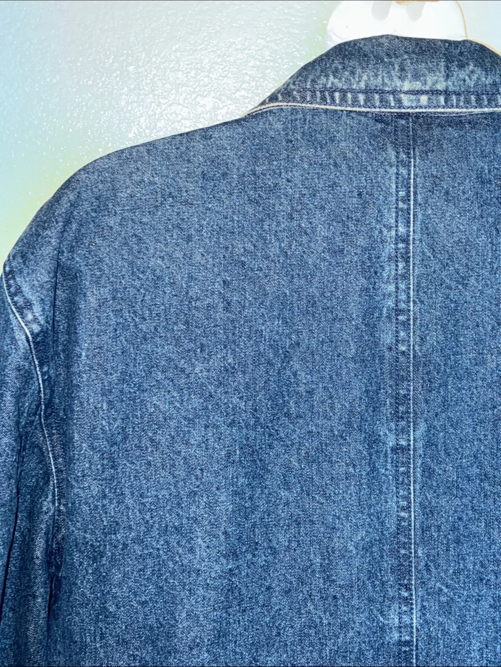 LizWear denim blazer women's 10, tailored notch lapel, button front, pockets EUC